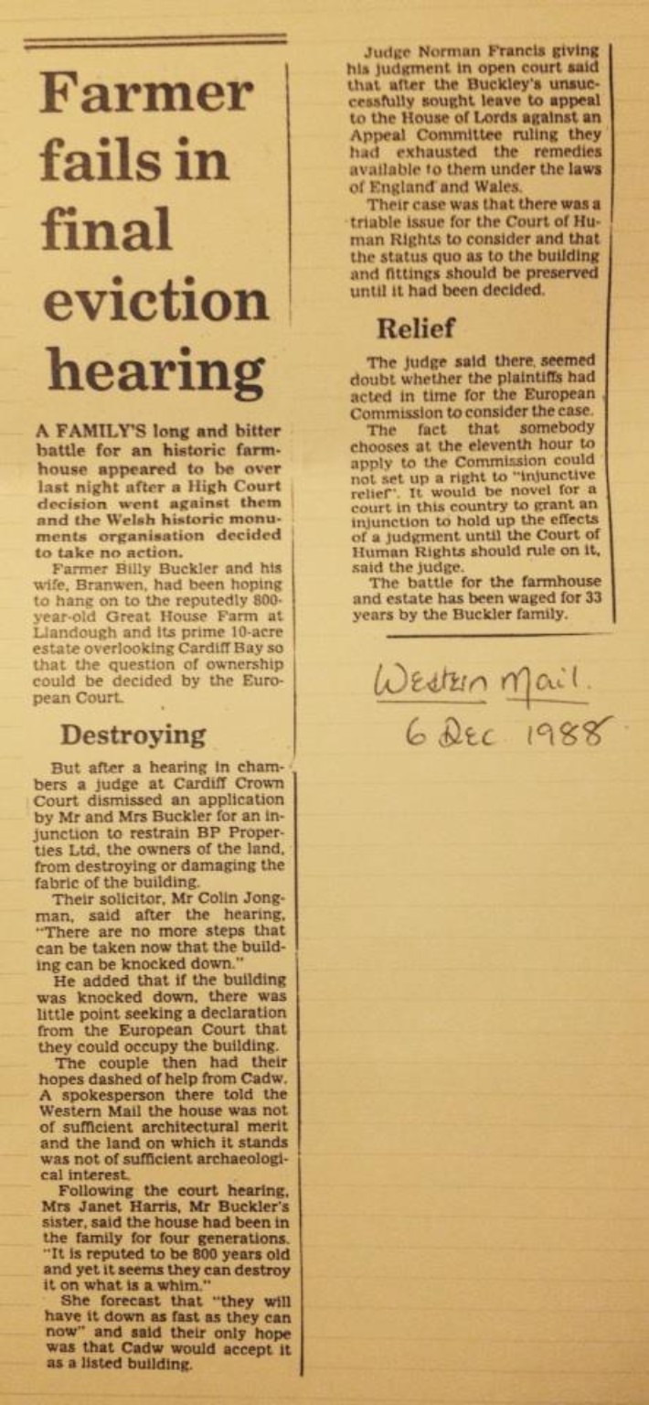 Western Mail newspaper clipping dated 6 December 1988, headed Farmer fails in final eviction hearing, concerning the Buckler family's dispute over Great House Farm, Llandough.